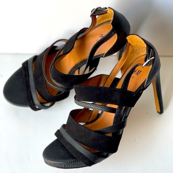 H&M Strappy Black Leather Sandals Stiletto Platform Heels, Sz 7 - Picture 3 of 13